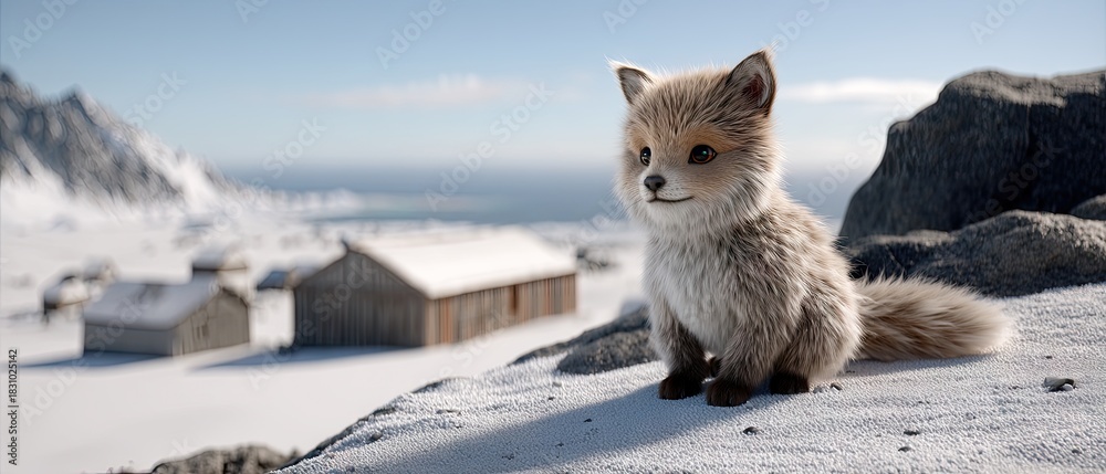 Obraz premium Cute fox stands on snow-covered rocks near wooden cabins in a serene winter landscape under a clear blue sky during daytime