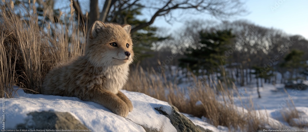 Obraz premium Young fox resting on a rock in a snowy field during late afternoon sunlight