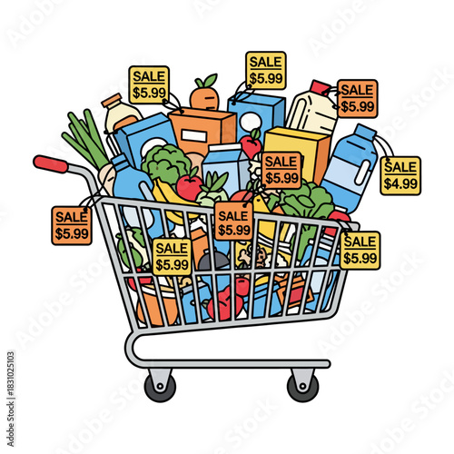 Shopping Cart Full of Groceries with Discount Price Tags