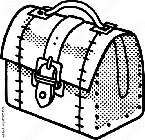 Vintage leather lunchbox illustration with buckle and handle, hand drawn retro stipple