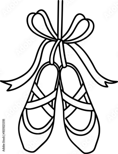 Ballet pointe shoes with ribbon bow outline elegant dance footwear hanging in minimal line art design