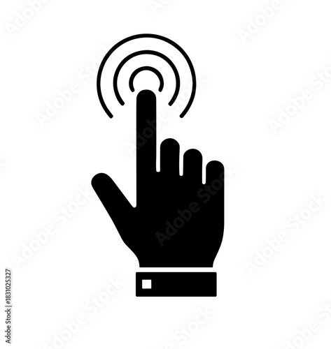 Click here for instant access with a hand touching a screen, activate now with one simple gesture, modern technology interface interaction