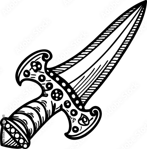 Decorative ancient dagger illustration with ornate handle and blade, medieval fantasy weapon design