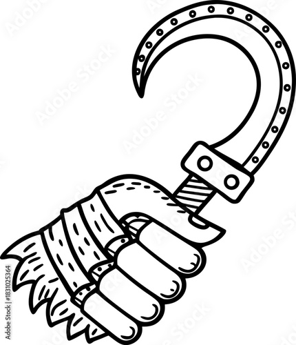 Wrapped bandaged hand gripping sharp sickle blade in aggressive combat weapon illustration