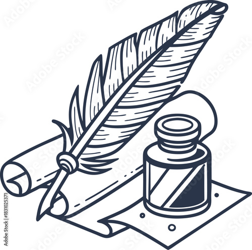 Feather quill pen with ink bottle and parchment scroll for vintage writing and calligraphy