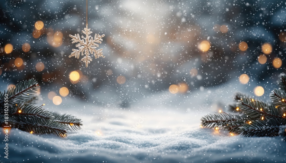 Fototapeta premium Snowy winter wonderland scene with sparkling snowflake enchanted forest holiday theme peaceful atmosphere close-up view magical concept for seasonal decor inspiration