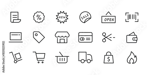 Shopping icon set  minimalist line style.  ecommerce retail line icons set, editable stroke isolated on white, linear vector outline illustration, symbol logo design style