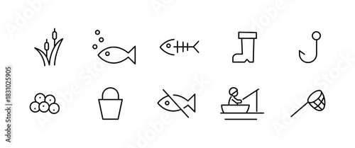 Fishing Icon Set.  Minimalist Line Style Fishing Symbols for Outdoor and Sport line icons set, editable stroke isolated on white, linear vector outline illustration, logo design style