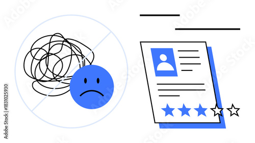 Sad face next to a scribble representing frustration and low-rated review card. Ideal for customer service, feedback, dissatisfaction, performance evaluation, quality, reputation, simple flat