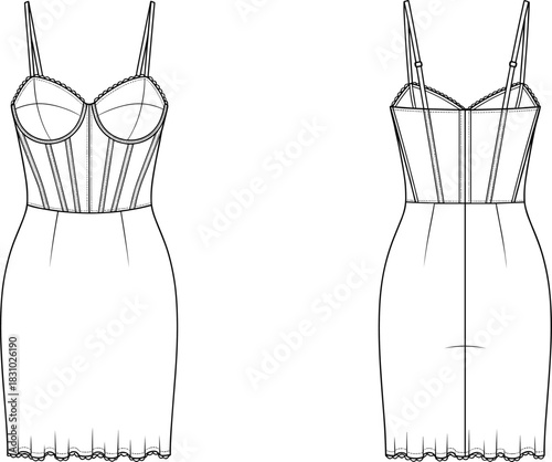 Technical Flat Vector Illustration of Women's Fitted Mini Dress with Corset Bustier and Lace Trim, Front and Back