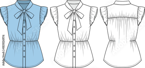 Technical vector flat sketch of a women's blouse with a bow tie collar, ruffle sleeves, and elasticated waist