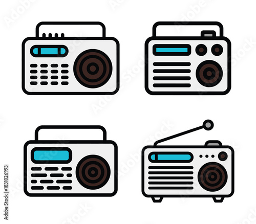Retro radio receiver colorful flat vector icons set