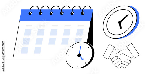 Spiral calendar, analog clocks, and handshake communicate planning, scheduling, and teamwork. Ideal for productivity, time management, appointment setting, deadlines collaboration meeting