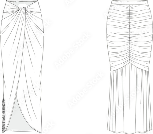 Technical vector sketch of a women's slim-fit midi skirt with front knot draping and ruched rear panel detail