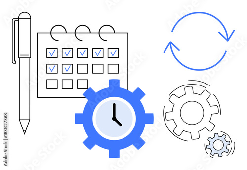 Pen beside a marked calendar, gear with clock, and circular process arrows signify productivity, scheduling, workflow, task management, deadline tracking, efficiency and organization. Simple flat