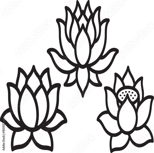 Illustration of set of three stylized black and white lotus flower outline icons representing purity, enlightenment, and spiritual growth
