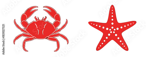 Vibrant red crab and starfish illustrations for summer vibes, perfect nautical design elements and tropical vacation themes, ideal for ocean adventures