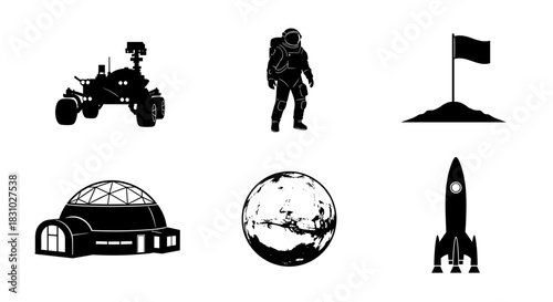 Explore Mars with a rover, astronaut, flag, dome habitat, planet, and rocket for a futuristic and adventurous journey of discovery