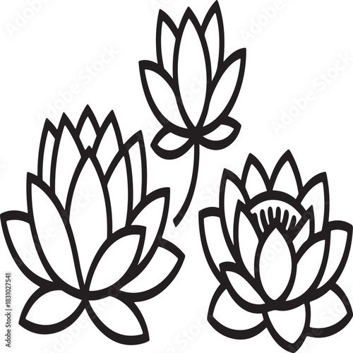 Illustration of three stylized black and white lotus flower outlines in different stages of bloom, perfect for design elements