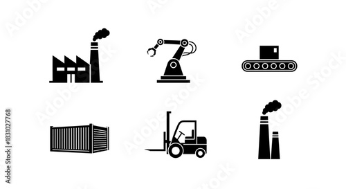 Streamlined manufacturing automation icons for modern industrial processes and global logistics efficiency in a clean and simple design