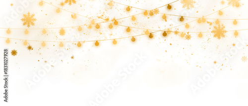 Golden Transparent String Lights and Snowflakes Overlay perfect for New Year Celebration Card or Festive Decoration Background Design