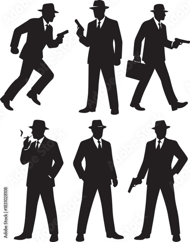 "Spy Silhouettes in Noir Style – Secret Agent, Detective, Mafia Vector Icons"