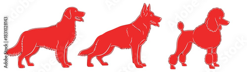 Red dogs line art including a golden retriever, German shepherd, and poodle creates a happy, clean, and modern feel for your design
