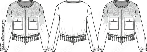 Technical flat sketch of a cropped jacket featuring patterned yoke panels, chest pockets, and tasseled drawstring hem