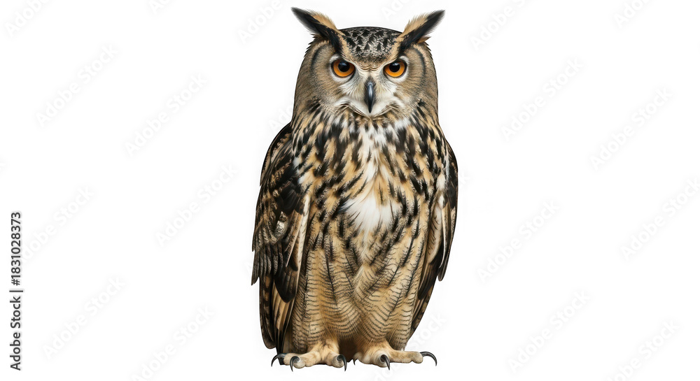 Naklejka premium Eurasian eagle owl standing alert isolated on transparent background