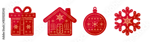 Set of four red christmas ornaments, gift, house, bauble, and snowflake, decorated with golden details