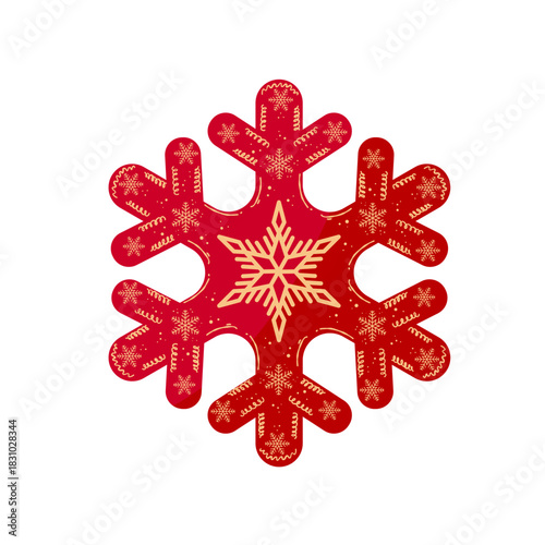 Red christmas snowflake decoration with golden pattern - vector illustration