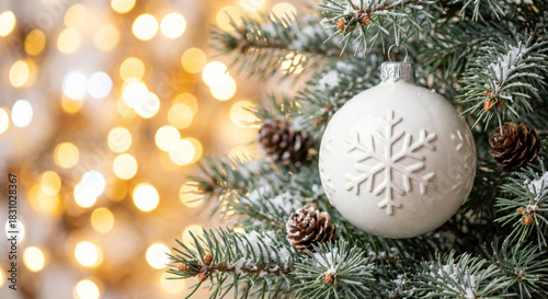 Christmas tree branch decorating with snowflake ornament and bokeh