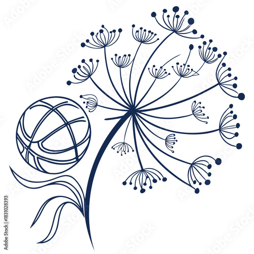 Elegant dark blue line art illustration of a spherical seed head with delicate petals and leaves