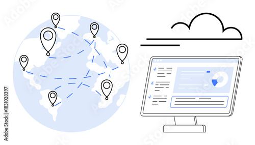 Earth with location pins linked by dashed lines signifying global networks, cloud icon, and a monitor displaying data analysis. Ideal for connectivity, technology, big data, cloud storage