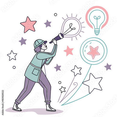 Person with telescope looking for new ideas and inspiration among stars and light bulbs