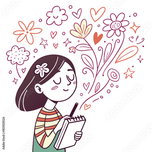 Young girl with eyes closed happily drawing flowers and hearts in a notebook with creative inspiration flowing