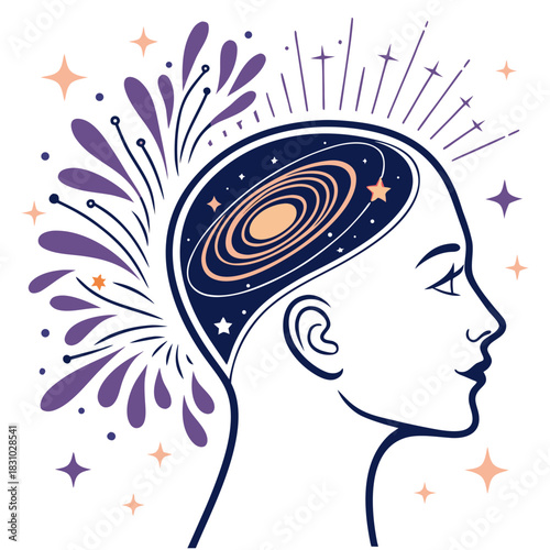 Profile of a woman s head with a galaxy and stars inside representing imagination and cosmic thought