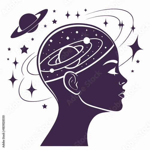 Silhouette of a woman s head filled with a cosmic galaxy and stars symbolizing imagination