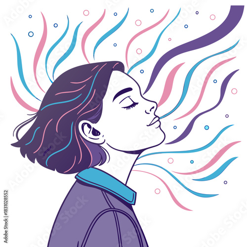 Young woman with eyes closed and wavy colorful lines emanating from her head symbolizing thoughts or dreams