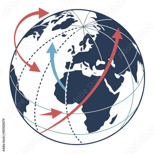 Global network of interconnected arrows showing international trade and communication routes across the planet