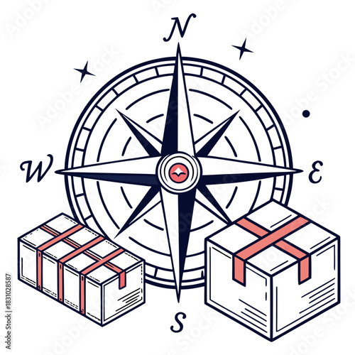 Compass and shipping boxes symbolizing global delivery logistics and international trade routes