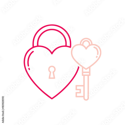 Minimalist Heart Lock and Key Icon: Simple Pink Outline Graphic Representing Love, Commitment, Secrecy, and Valentine's Day Affection