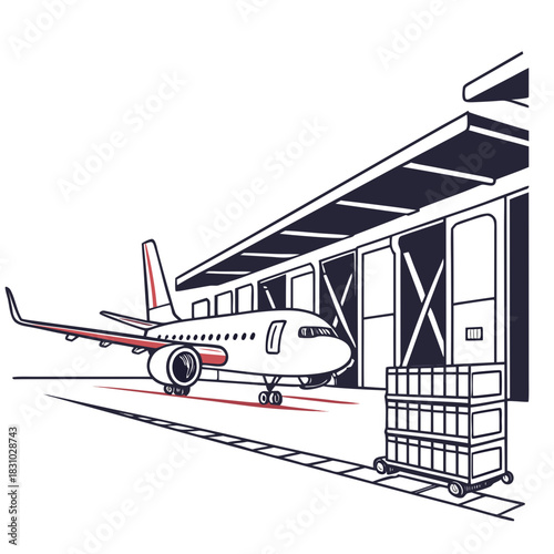 Commercial airplane parked at airport hangar with cargo cart ready for loading and unloading operations