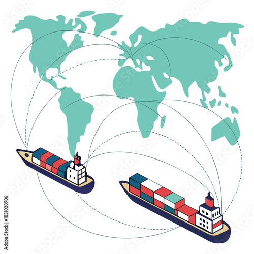 Global shipping routes connecting continents with cargo ships carrying containers across the world