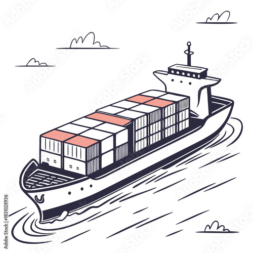 Modern cargo ship sailing through water carrying shipping containers under cloudy sky