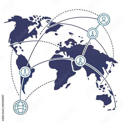Global network connections and communication illustrated with icons on a world map