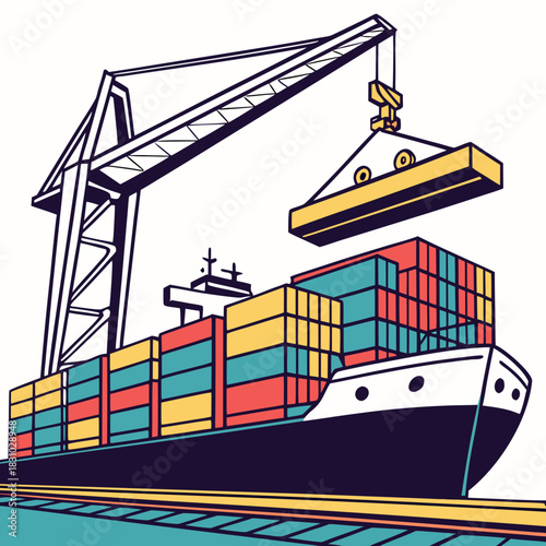 Large cargo ship being loaded with colorful shipping containers by a tall industrial crane at a port