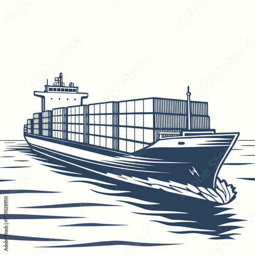 Massive cargo container ship sailing across the ocean leaving a wake behind it