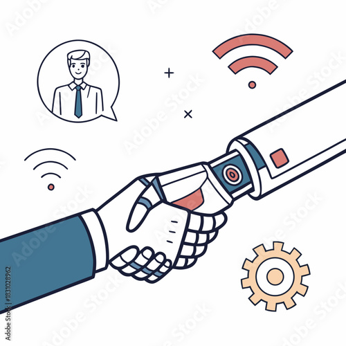 Human and robot shaking hands symbolizing collaboration and partnership in technology and business