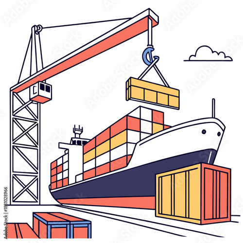 Container ship being loaded with cargo by a large crane at a busy port terminal